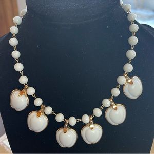 Signed Trifari Patent Pending Vintage Milk Glass Gold Trim Apple Necklace